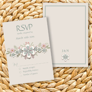 Retro 70's Flower Power Green-White Wedding   RSVP Card