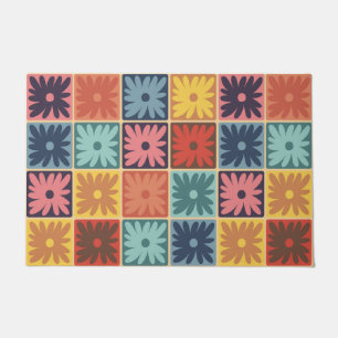 Retro 70s flower squares chequered pattern doormat