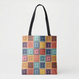 Retro 70s flower squares chequered pattern tote bag
