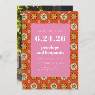 Retro 70s Flowers Bold Orange Pink Picture Wedding Save The Date