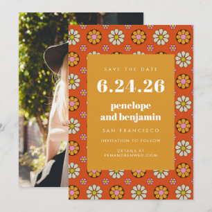 Retro 70s Flowers Bright Orange Picture Wedding Save The Date