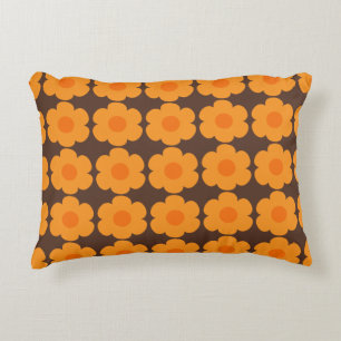 Retro 70s Flowers Floral Pattern Orange and Brown Decorative Cushion
