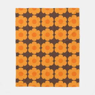 Retro 70s Flowers Floral Pattern Orange and Brown Fleece Blanket
