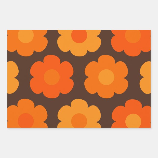 Retro 70s Flowers Orange and Brown Floral Pattern Wrapping Paper Sheet (Front 2)