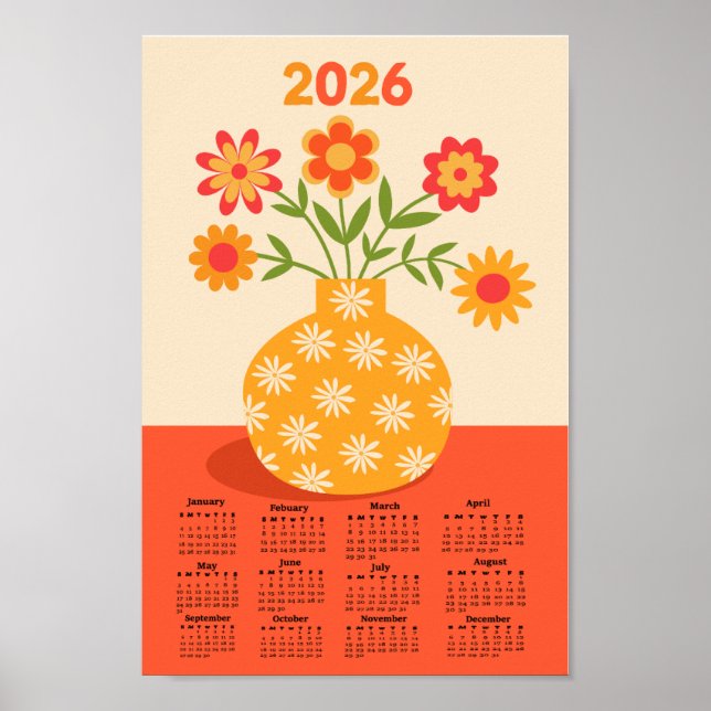 Retro 70s Flowers Vase 2026 Calendar Poster (Front)