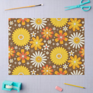 Retro 70s Flowers with Atomic Starbursts on Brown  Tissue Paper