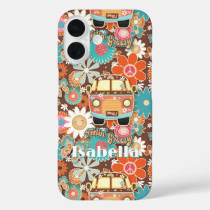 Retro 70s Fun n Funky Hippy Van Peace Sign w Name iPhone 16 Case