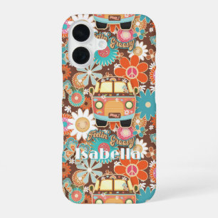 Retro 70s Fun n Funky Hippy Van Peace Sign w Name iPhone 16 Case