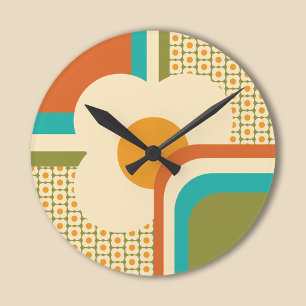 Retro 70s Geometric Floral Round Clock