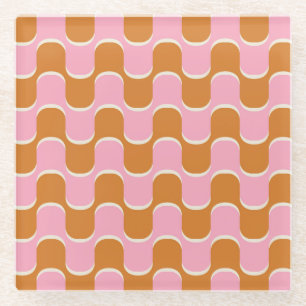 Retro 70s: Gold-Pink Wavy Pattern. Glass Coaster