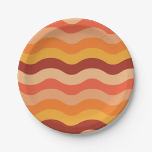 Retro 70s groovy abstract waves orange and yellow  paper plate