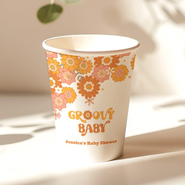Retro 70s groovy baby floral baby shower paper cups (Creator Uploaded)