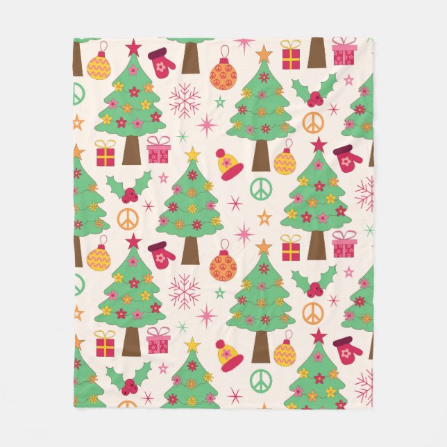 Retro 70s Groovy Christmas Trees Pattern  Fleece Blanket (Front)