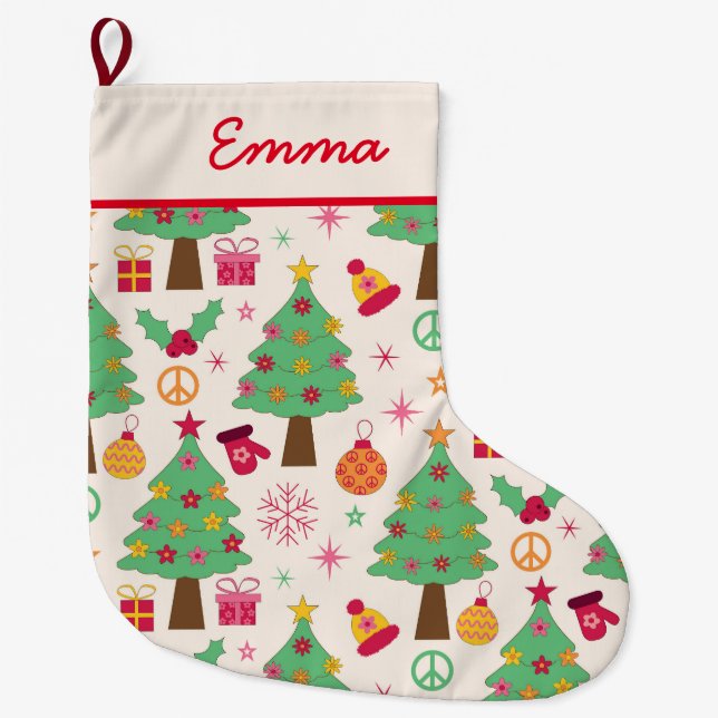 Retro 70s Groovy Christmas Trees Pattern Name  Large Christmas Stocking (Front)