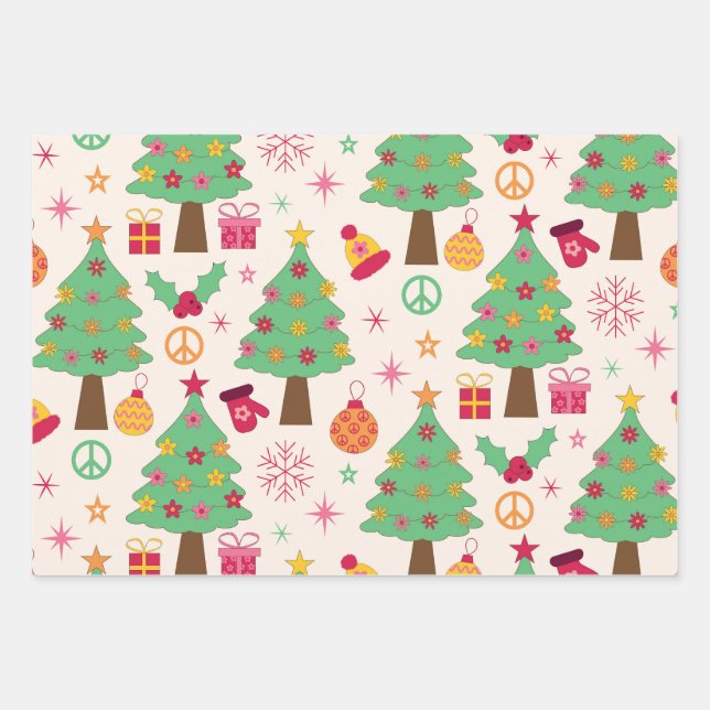 Retro 70s Groovy Christmas Trees Pattern  Wrapping Paper Sheet (Front)