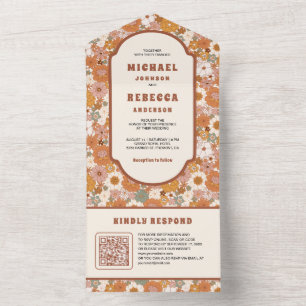 Retro 70's Groovy Colourful Floral QR Code Wedding All In One Invitation