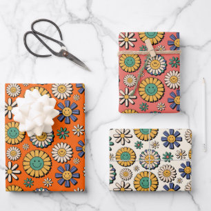 Retro 70s Groovy Daisies Hippie Flower Wrapping Paper Sheet