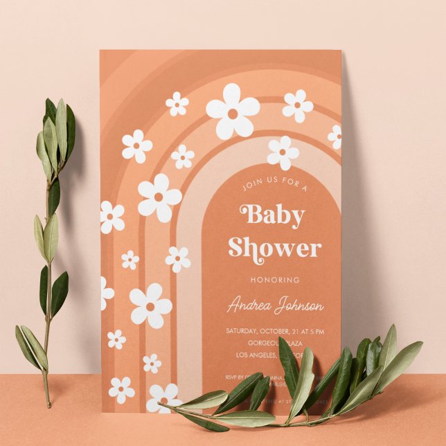 Retro 70s Groovy Daisy Boho Rainbow Baby Shower Invitation (Creator Uploaded)