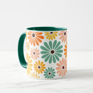 Retro 70s Groovy Daisy Floral Green Two-Tone Mug