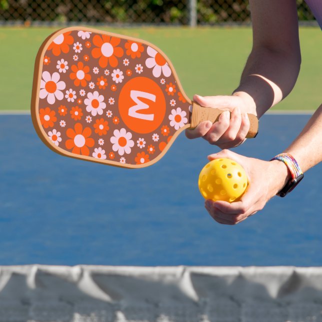 Retro 70s Groovy Daisy Orange   Pickleball Paddle (Insitu)