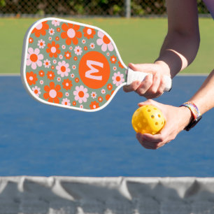 Retro 70s Groovy Daisy Orange Pink Personalised Pickleball Paddle