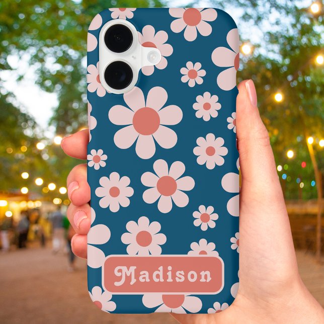 Retro 70s Groovy Daisy Pattern add Name (Retro groovy floral navy blue and orange custom name iPhone case)