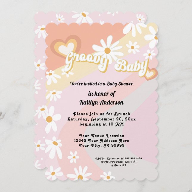 Retro 70s Groovy Daisy Peach Girl Baby Shower Invi Invitation (Front/Back)