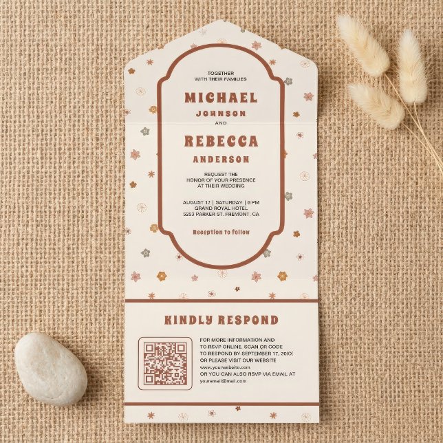 Retro 70's Groovy Delicate Flowers QR Code Wedding All In One Invitation (Creator Uploaded)
