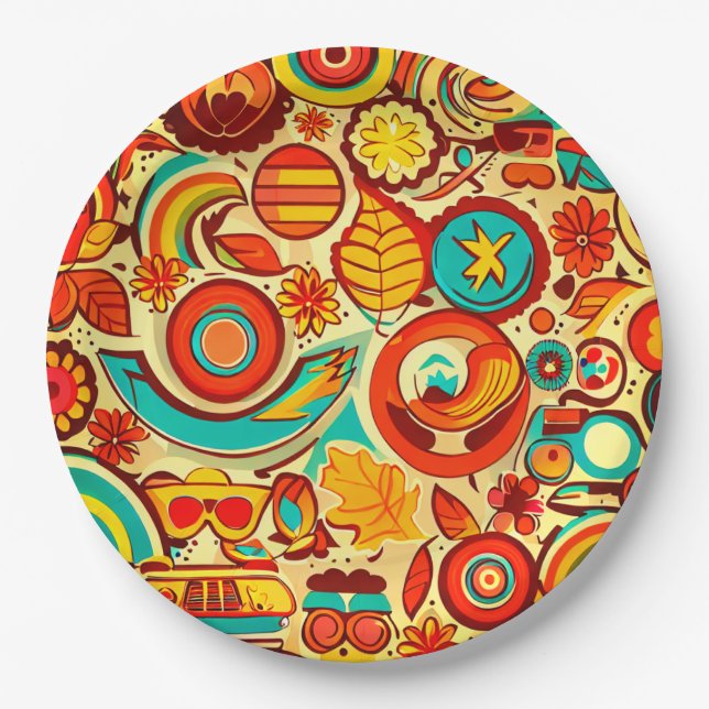 Retro 70s Groovy Fall Autumn Elements Pattern  Paper Plate (Front)