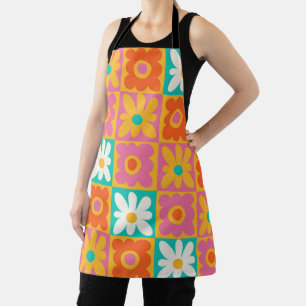 Retro 70s Groovy Floral Chequerboard Colourful Apron