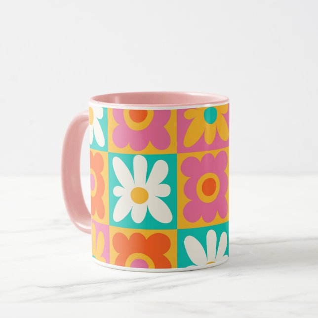 Retro 70s Groovy Floral Chequerboard Colourful Mug (Front Left)