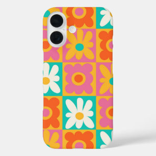 Retro 70s Groovy Floral Chequerboard Colourful Pat iPhone 16 Case