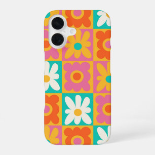 Retro 70s Groovy Floral Chequerboard Colourful Pat iPhone 16 Case