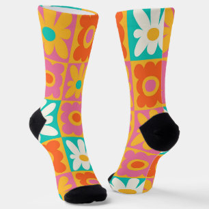 Retro 70s Groovy Floral Chequerboard Colourful Pat Socks