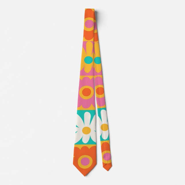 Retro 70s Groovy Floral Chequerboard Colourful Pat Tie (Front)