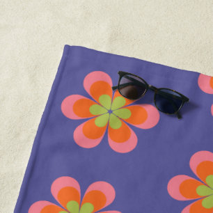 Retro 70s Groovy Flower Pattern in Purple Beach Towel