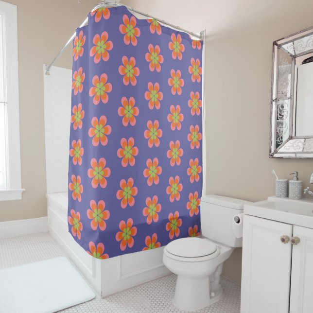 Retro 70s Groovy Flower Pattern in Purple Shower Curtain (In Situ)