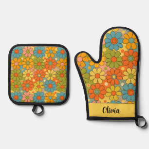 Retro 70s Groovy Flower Power Oven Mitt & Pot Holder Set