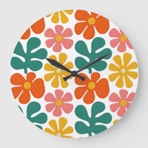 Retro 70s Groovy Folk Art Floral Pattern Large Clock