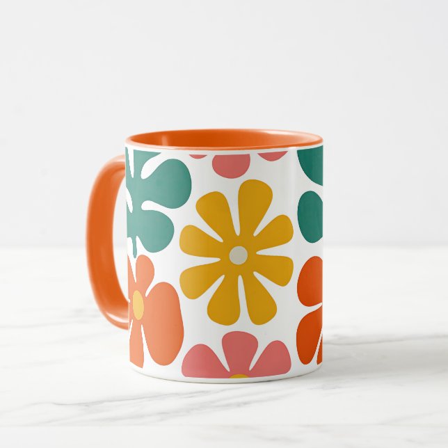 Retro 70s Groovy Folk Art Floral Pattern Mug (Front Left)