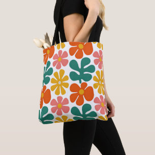Retro 70s Groovy Folk Art Floral Pattern Tote Bag