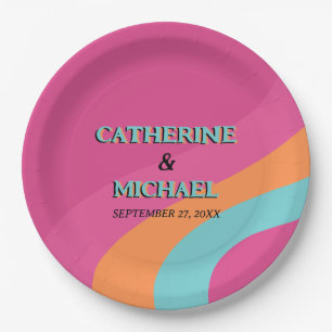 Retro 70s Groovy Fuchsia Fun Wedding Paper Plate