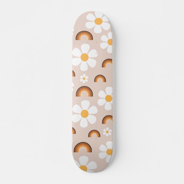 Retro 70s Groovy Hippie Daisy & Terracotta Rainbow Skateboard (Front)