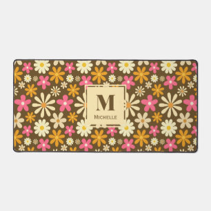 Retro 70s Groovy Hippie Flower Monogram Desk Mat