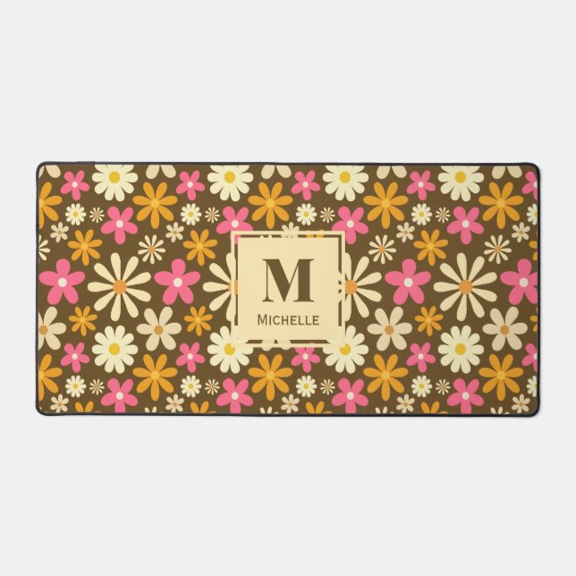 Retro 70s Groovy Hippie Flower Monogram  Desk Mat (Front)