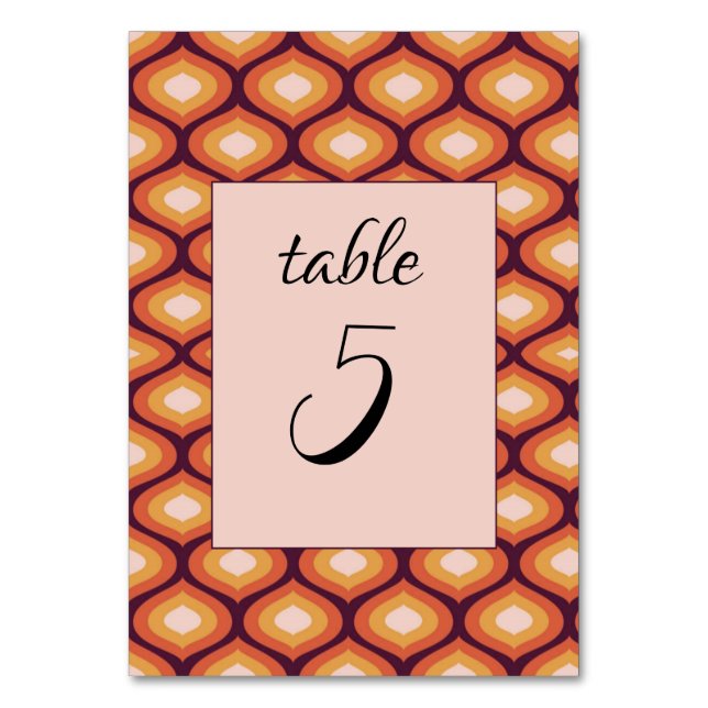 Retro 70's Groovy Orange Seventies Wedding Table Number (Front)
