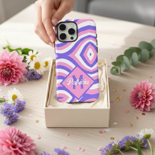 Retro 70s Groovy Pink Purple Psychedelic Monogram Case-Mate iPhone Case (Creator Uploaded)