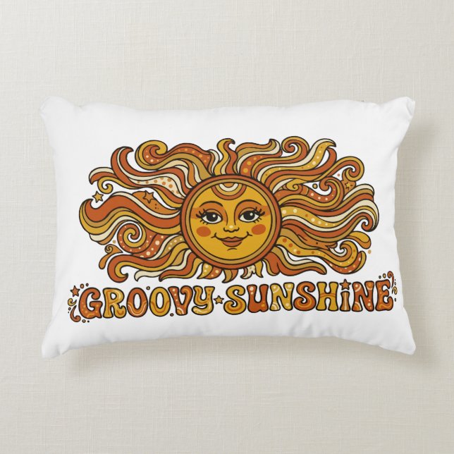 Retro 70s Groovy Sunshine Smiling Sun Decorative Cushion (Front)