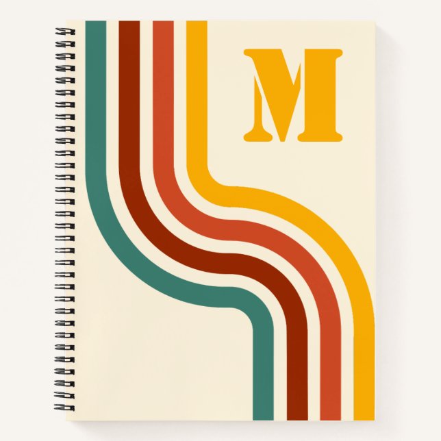 Retro 70's Groovy Vintage Stripes Monogram  Notebook (Front)
