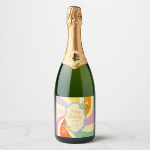 Retro 70s Groovy Wave Flower Happy Birthday Sparkling Wine Label